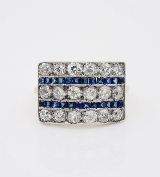 Antique Art Deco 2.70ct Diamond and 1.40ct Natural Sapphire Wide Panel Ring