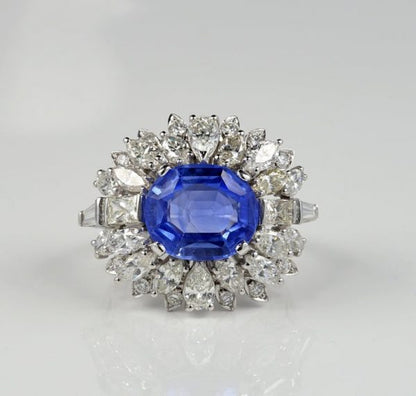 Vintage Natural No Heat Ceylon Sapphire and Diamond Platinum Cocktail Ring