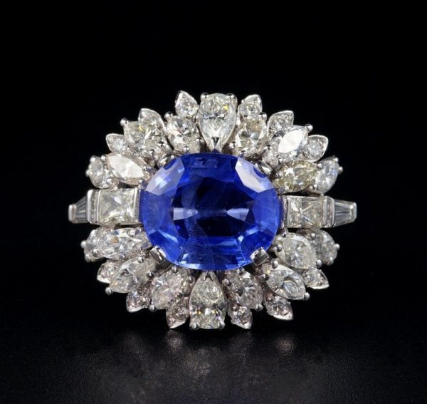 Vintage Natural No Heat Ceylon Sapphire and Diamond Platinum Cocktail Ring