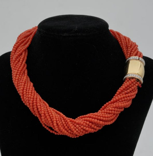 Vintage Italian Multi Strand Natural Coral 18ct Diamond Clasp Torsade Necklace