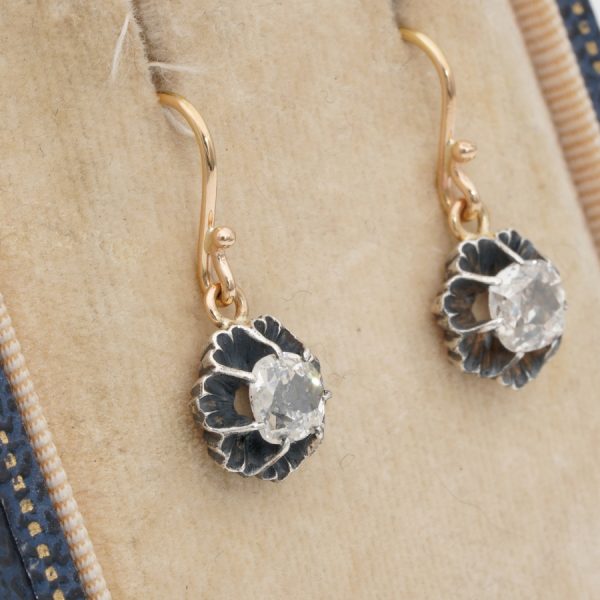 Antique Victorian 1.40ct Cushion Cut Diamond Solitaire Drop Earrings