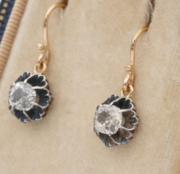 Antique Victorian 1.40ct Cushion Cut Diamond Solitaire Drop Earrings