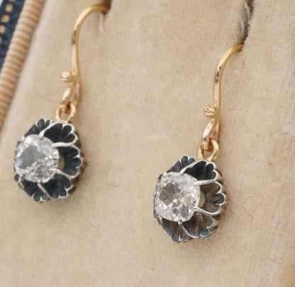 Antique Victorian 1.40ct Cushion Cut Diamond Solitaire Drop Earrings