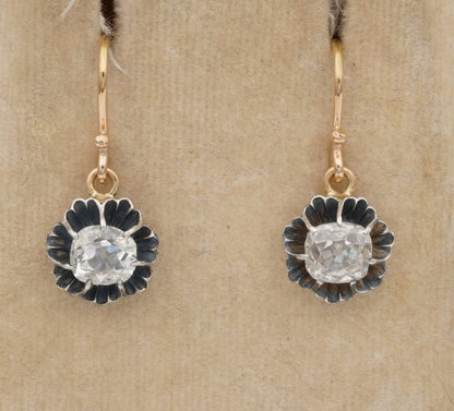 Antique Victorian 1.40ct Cushion Cut Diamond Solitaire Drop Earrings