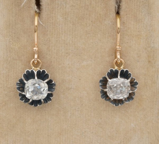 Antique Victorian 1.40ct Cushion Cut Diamond Solitaire Drop Earrings