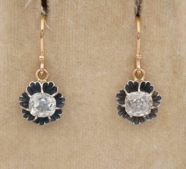 Antique Victorian 1.40ct Cushion Cut Diamond Solitaire Drop Earrings