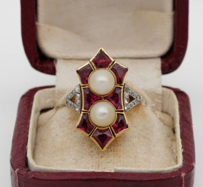 Antique French Edwardian Rare 1.80ct Natural Siam Ruby Duo Natural Pearl Ring