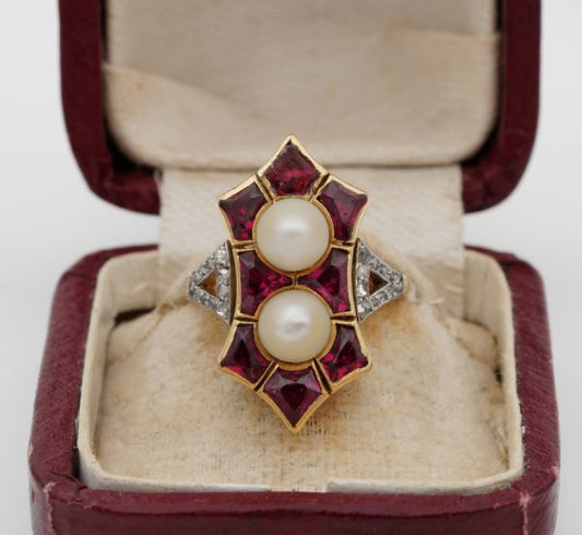 Antique French Edwardian Rare 1.80ct Natural Siam Ruby Duo Natural Pearl Ring