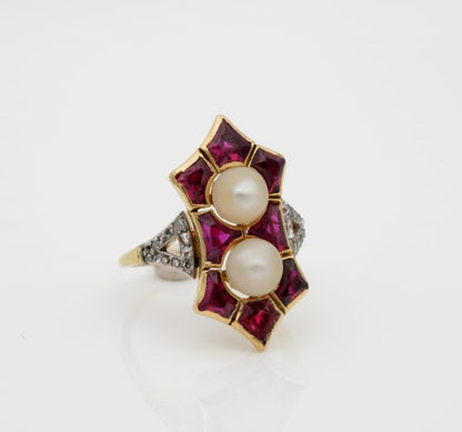 Antique French Edwardian Rare 1.80ct Natural Siam Ruby Duo Natural Pearl Ring