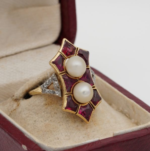 Antique French Edwardian Rare 1.80ct Natural Siam Ruby Duo Natural Pearl Ring