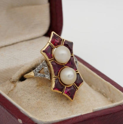 Antique French Edwardian Rare 1.80ct Natural Siam Ruby Duo Natural Pearl Ring