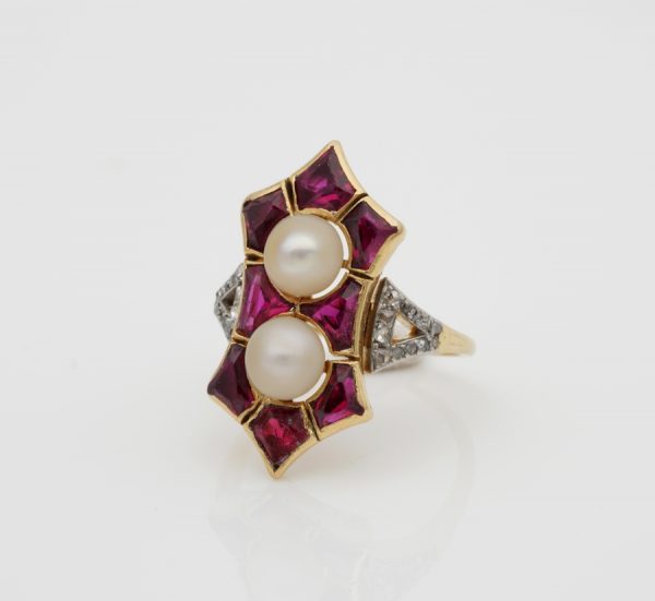 Antique French Edwardian Rare 1.80ct Natural Siam Ruby Duo Natural Pearl Ring