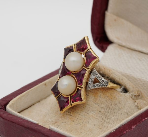 Antique French Edwardian Rare 1.80ct Natural Siam Ruby Duo Natural Pearl Ring