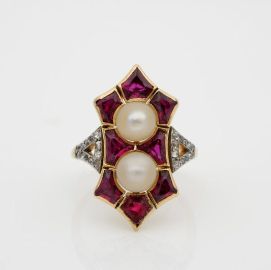 Antique French Edwardian Rare 1.80ct Natural Siam Ruby Duo Natural Pearl Ring
