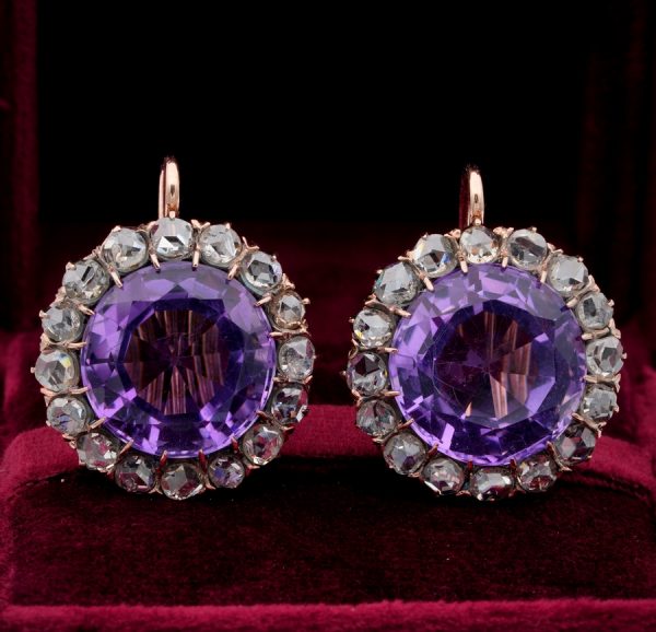 Antique Victorian Rare Large Amethyst and 3.20ct Rose Cut Diamond Earrings