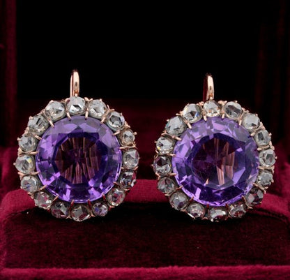 Antique Victorian Rare Large Amethyst and 3.20ct Rose Cut Diamond Earrings