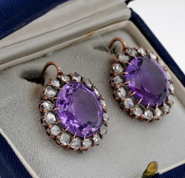 Antique Victorian Rare Large Amethyst and 3.20ct Rose Cut Diamond Earrings