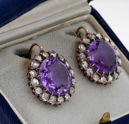 Antique Victorian Rare Large Amethyst and 3.20ct Rose Cut Diamond Earrings