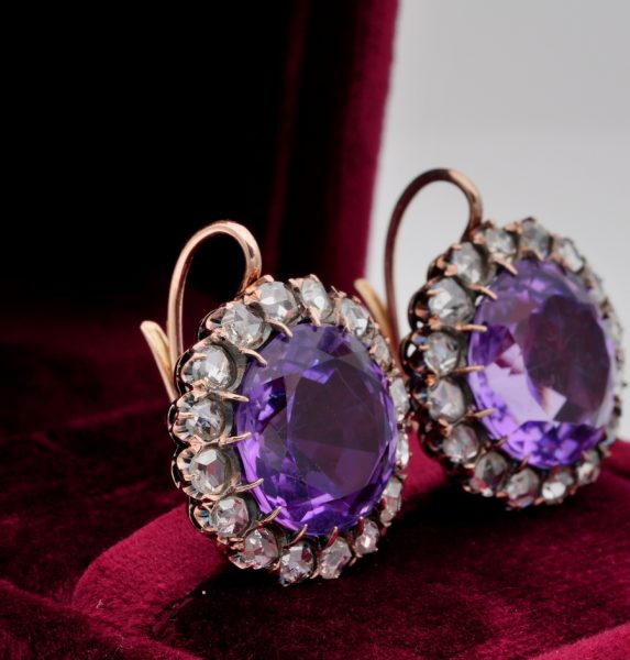Antique Victorian Rare Large Amethyst and 3.20ct Rose Cut Diamond Earrings