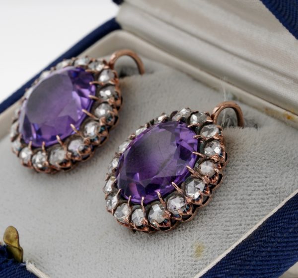 Antique Victorian Rare Large Amethyst and 3.20ct Rose Cut Diamond Earrings