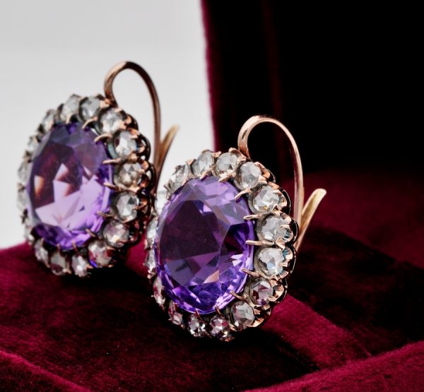Antique Victorian Rare Large Amethyst and 3.20ct Rose Cut Diamond Earrings