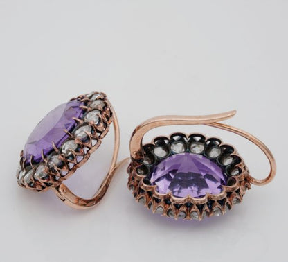 Antique Victorian Rare Large Amethyst and 3.20ct Rose Cut Diamond Earrings
