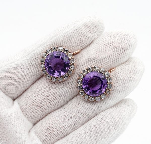 Antique Victorian Rare Large Amethyst and 3.20ct Rose Cut Diamond Earrings