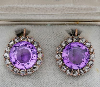 Antique Victorian Rare Large Amethyst and 3.20ct Rose Cut Diamond Earrings
