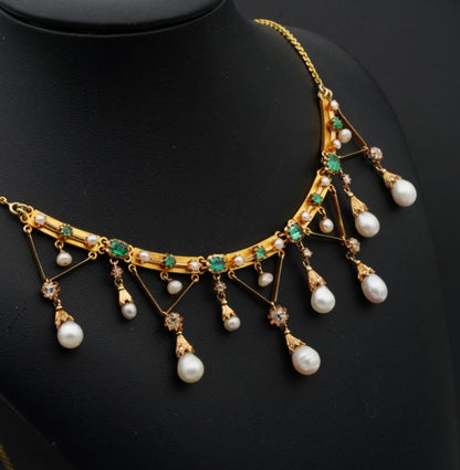 Antique Edwardian Rare Diamond Pearl Emerald Swag Necklace 1900 ca