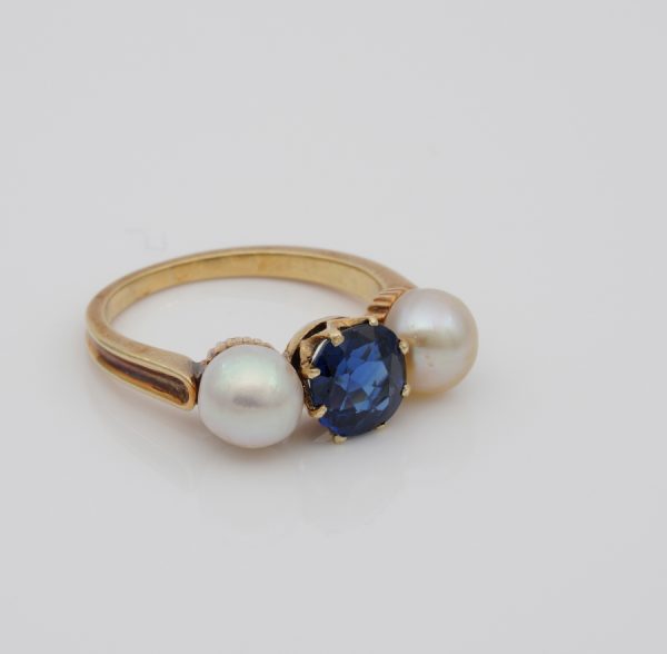 Antique Victorian Natural NO Heat Sapphire and Natural Basra Pearl Trilogy Ring