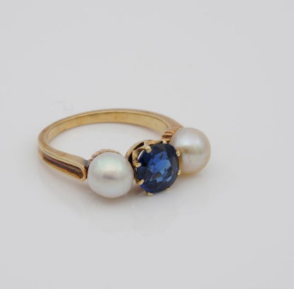 Antique Victorian Natural NO Heat Sapphire and Natural Basra Pearl Trilogy Ring