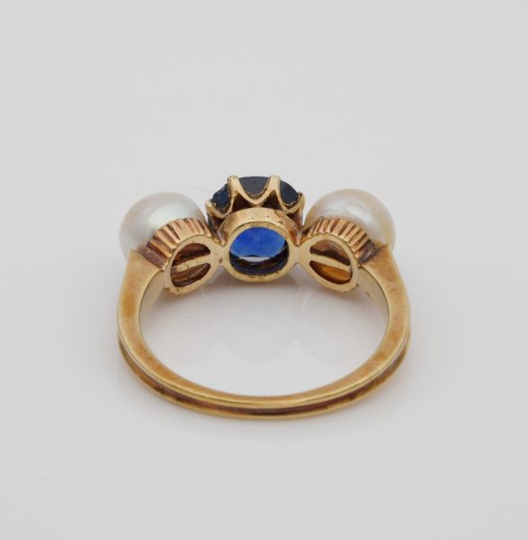 Antique Victorian Natural NO Heat Sapphire and Natural Basra Pearl Trilogy Ring