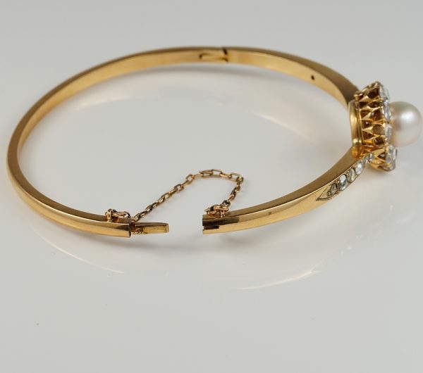 Antique Victorian Pearl and Diamond Rare 18ct Rose Gold Bangle