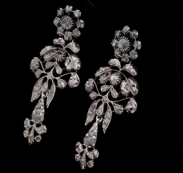 Antique Georgian 2.80ct Rose Cut Diamond Long Drop Earrings