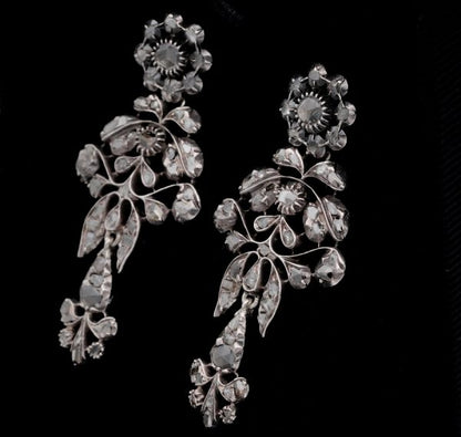 Antique Georgian 2.80ct Rose Cut Diamond Long Drop Earrings