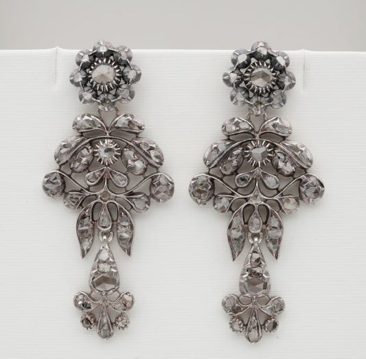 Antique Georgian 2.80ct Rose Cut Diamond Long Drop Earrings