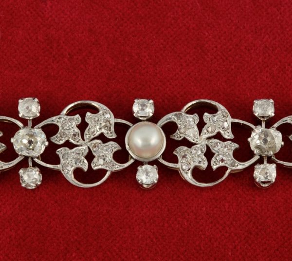 Antique Art Nouveau 9.50ct Old Mine Cut Diamond and Natural Pearl Bracelet
