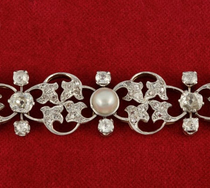 Antique Art Nouveau 9.50ct Old Mine Cut Diamond and Natural Pearl Bracelet