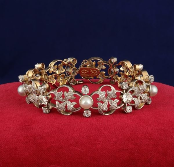 Antique Art Nouveau 9.50ct Old Mine Cut Diamond and Natural Pearl Bracelet