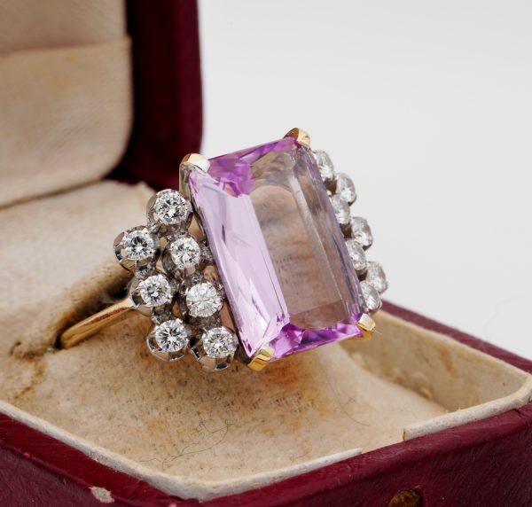 Vintage Kunzite and Diamond Mid Century Ring