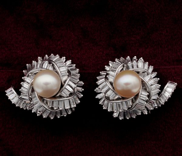Vintage 7.00ct Diamond and 9.5mm Pearl Platinum Earrings