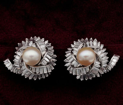 Vintage 7.00ct Diamond and 9.5mm Pearl Platinum Earrings