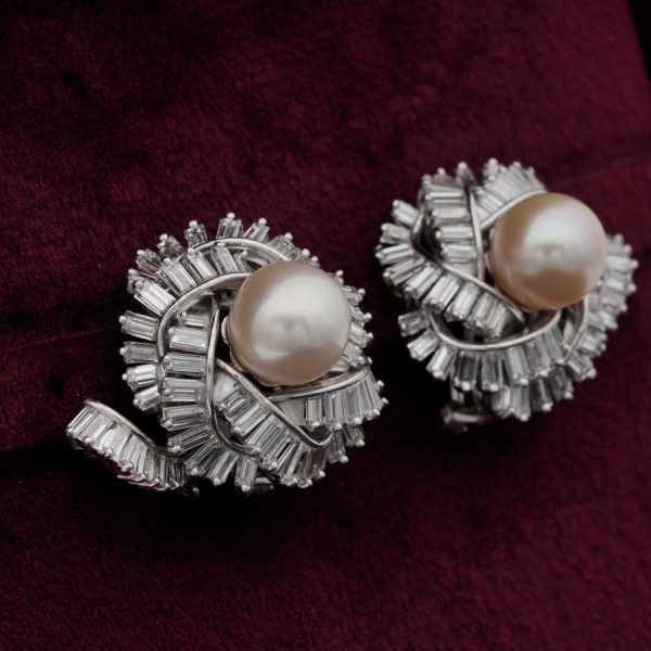 Vintage 7.00ct Diamond and 9.5mm Pearl Platinum Earrings