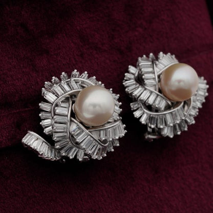 Vintage 7.00ct Diamond and 9.5mm Pearl Platinum Earrings