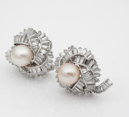 Vintage 7.00ct Diamond and 9.5mm Pearl Platinum Earrings