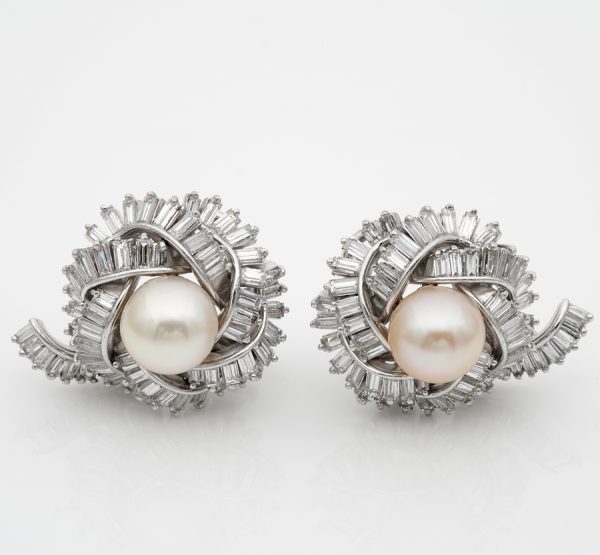 Vintage 7.00ct Diamond and 9.5mm Pearl Platinum Earrings