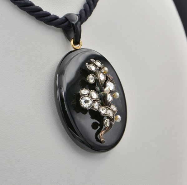 Antique Victorian 2.60ct Old Cut Diamond and Pearl Forget Me Not Onyx 18ct Gold Necklace