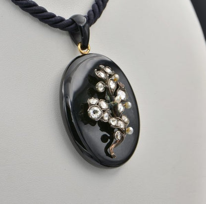 Antique Victorian 2.60ct Old Cut Diamond and Pearl Forget Me Not Onyx 18ct Gold Necklace