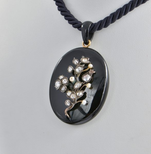 Antique Victorian 2.60ct Old Cut Diamond and Pearl Forget Me Not Onyx 18ct Gold Necklace