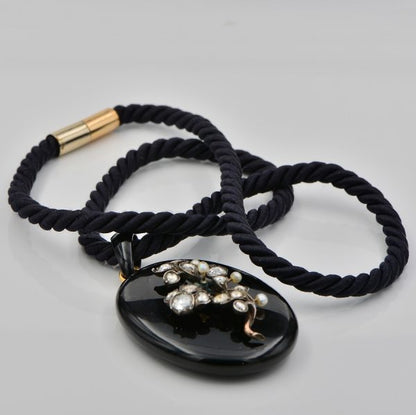 Antique Victorian 2.60ct Old Cut Diamond and Pearl Forget Me Not Onyx 18ct Gold Necklace